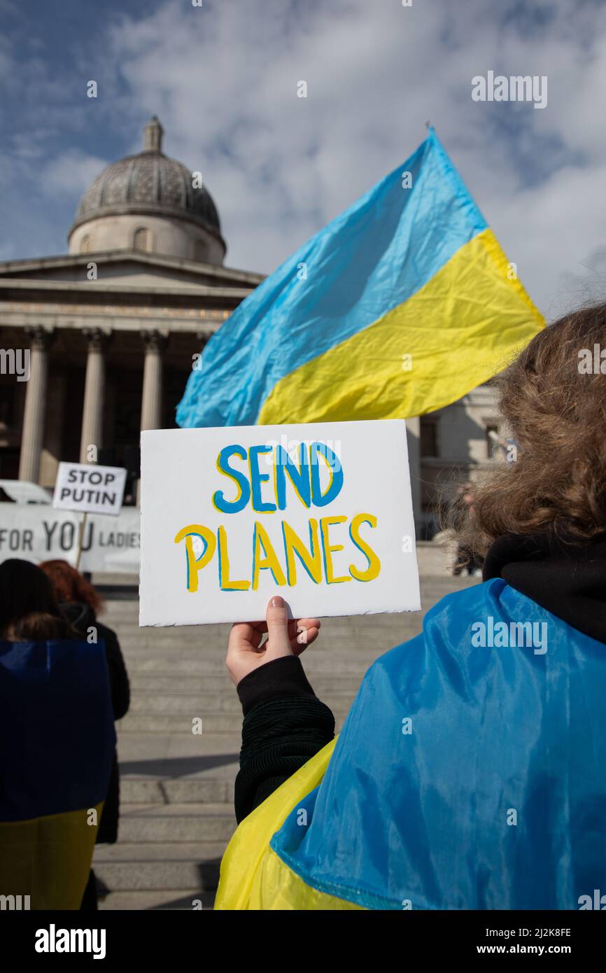 London, UK. 2 April 2022. Protesters are holding signs in Trafalgar Square where people have gathered to show solidarity with Ukraine and to call for an end of the war. Credit: Kiki Streitberger/Alamy Live News Stock Photo