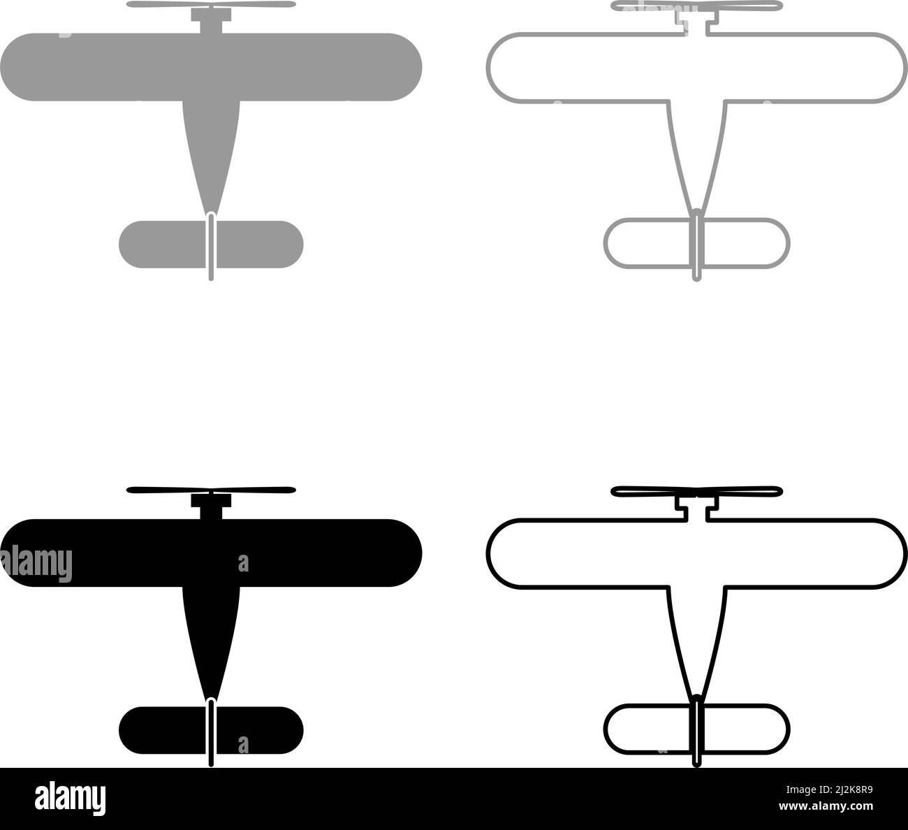 Propelier aircraft retro vintage small plane single engine set icon grey black color vector illustration image simple solid fill outline contour line Stock Vector