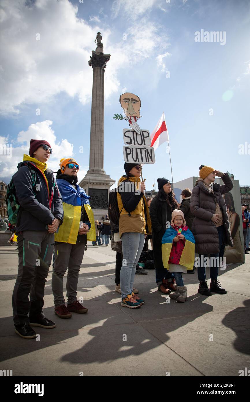 London, UK. 2 April 2022. Protesters are holding signs in Trafalgar Square where people have gathered to show solidarity with Ukraine and to call for an end of the war. Credit: Kiki Streitberger/Alamy Live News Stock Photo