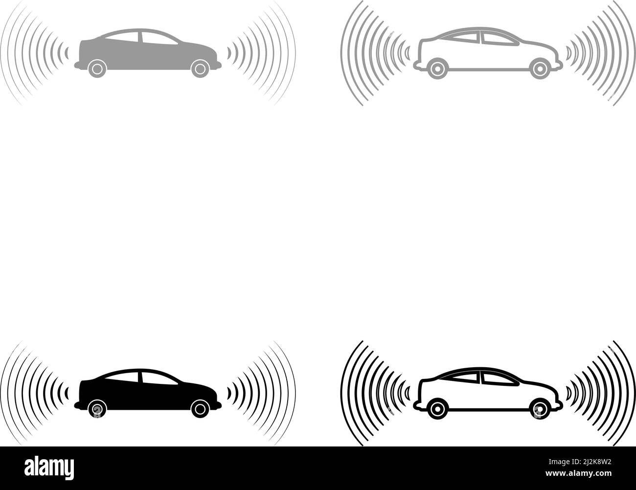 Car radio signals sensor smart technology autopilot front and back direction set icon grey black color vector illustration image simple solid fill Stock Vector