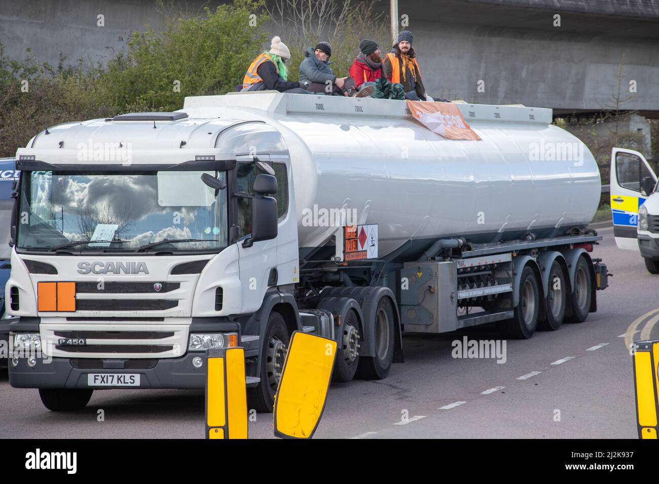 Greys, Thurrock, UK 2 April 2022 Just Stop Oil protesters block roads at Thurrock oil depot