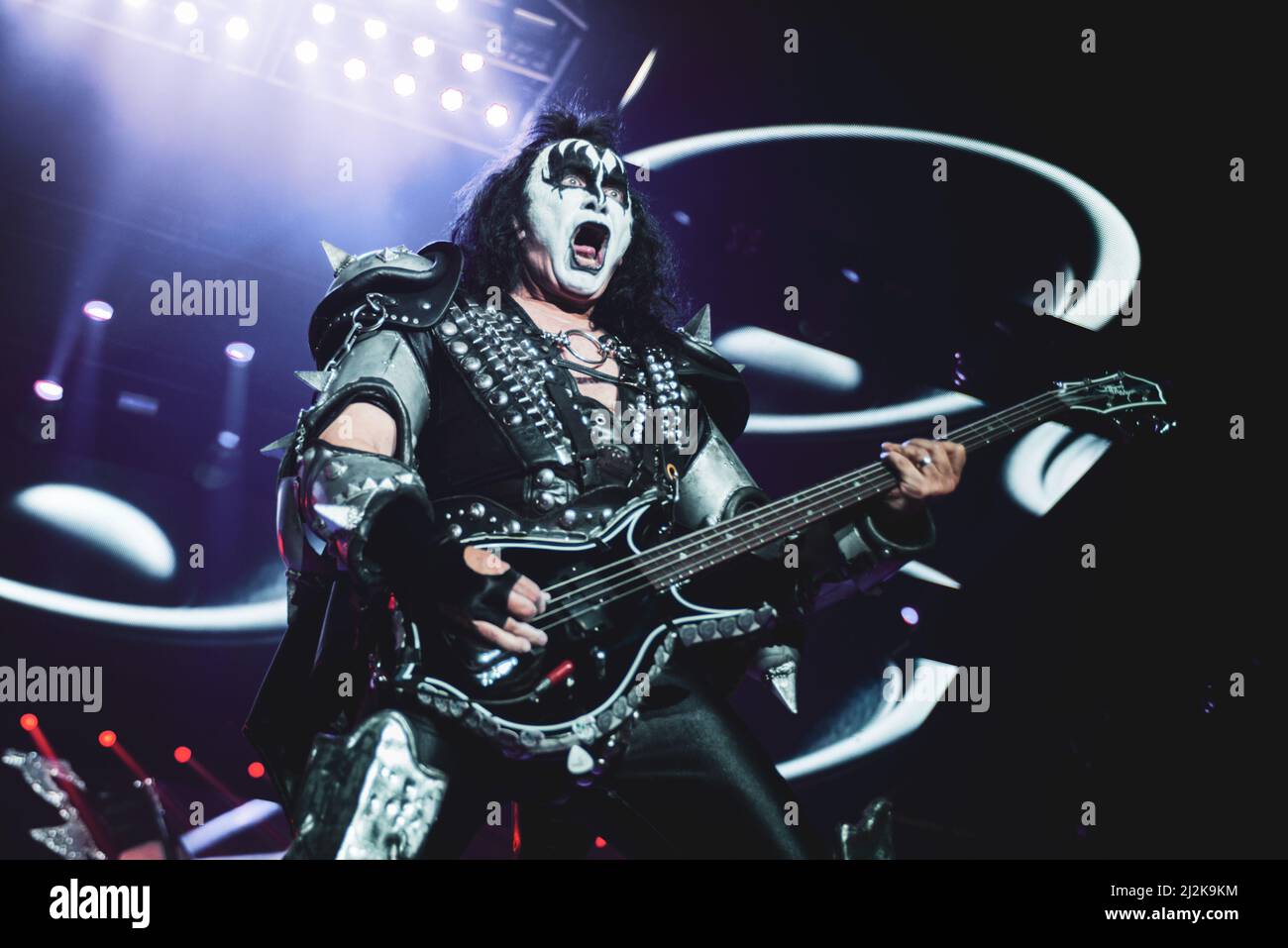 ITALY, BOLOGNA, UNIPOL ARENA 2017: Gene Simmons, bassist and singer of the American rock band “KISS”, performing live on stage for the “World Tour” European leg Stock Photo