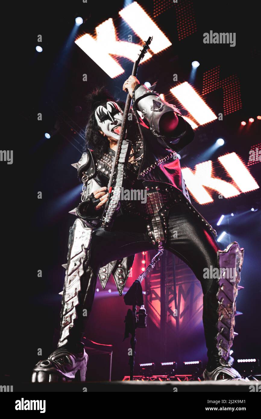ITALY, BOLOGNA, UNIPOL ARENA 2017: Gene Simmons, bassist and singer of the American rock band “KISS”, performing live on stage for the “World Tour” European leg Stock Photo