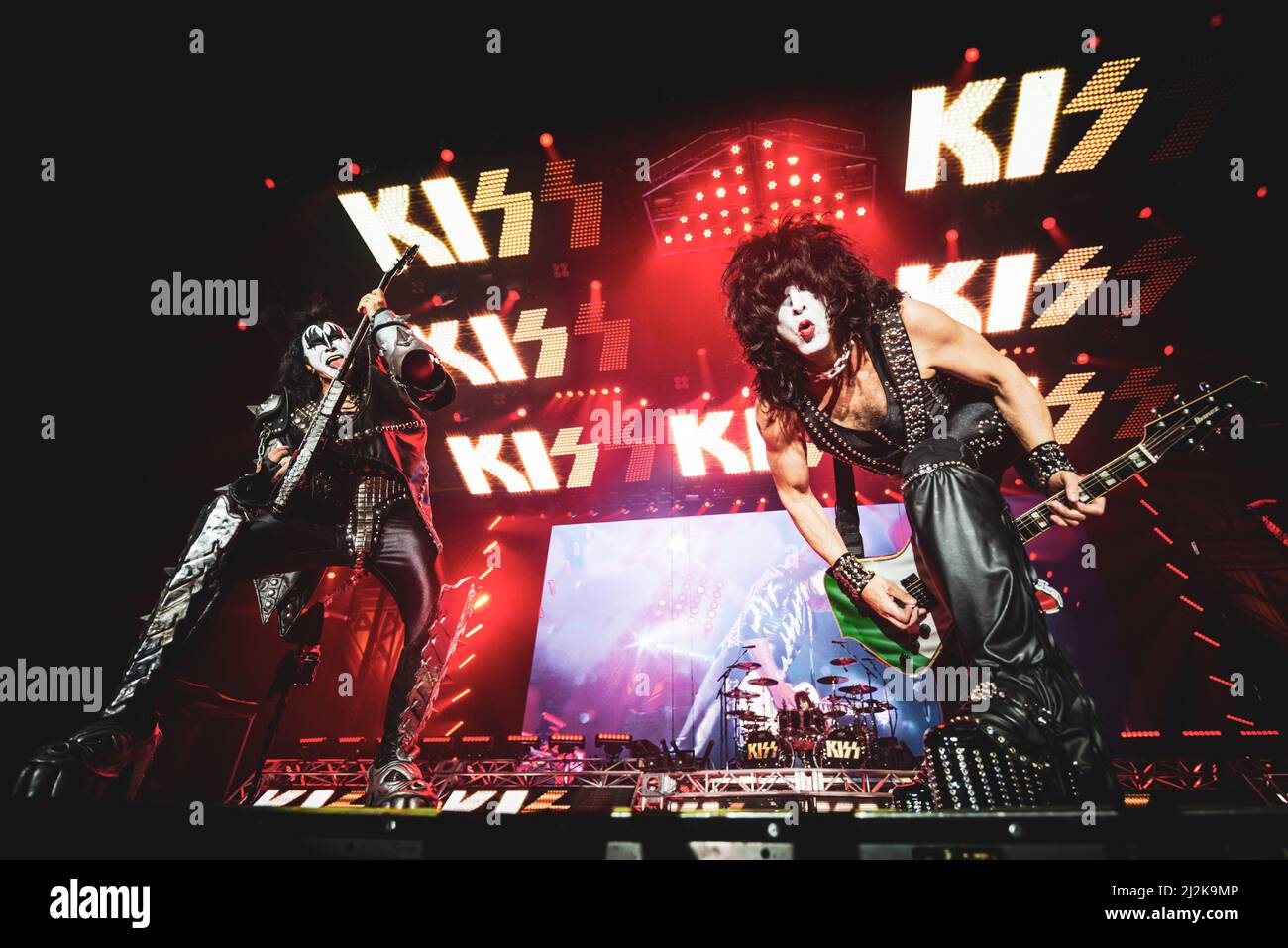 ITALY, BOLOGNA, UNIPOL ARENA 2017: Gene Simmons and Paul Stanley, of the American rock band “KISS”, performing live on stage for the “World Tour” European leg Stock Photo