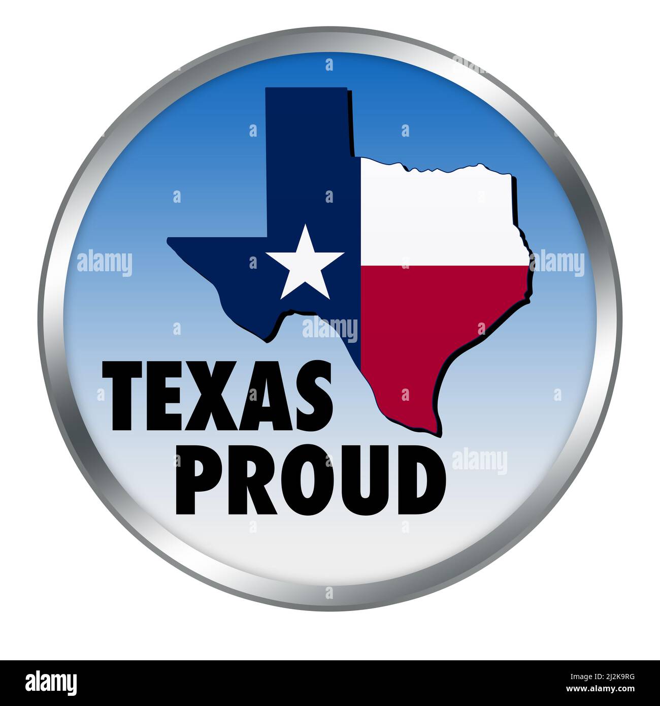 Texas Proud with state map shape and flag in a round button illustration Stock Photo
