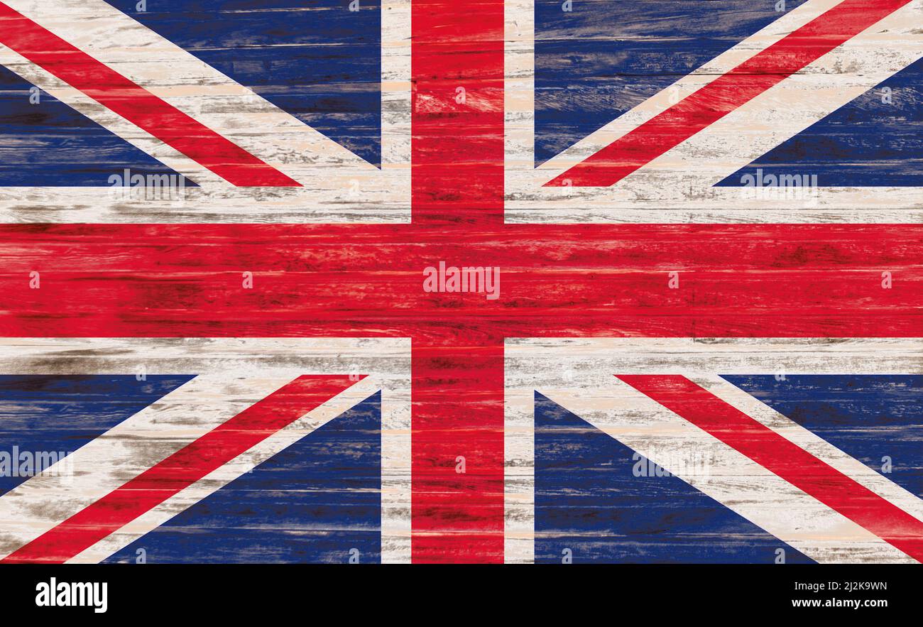 Union Jack flag on a wooden surface Stock Photo