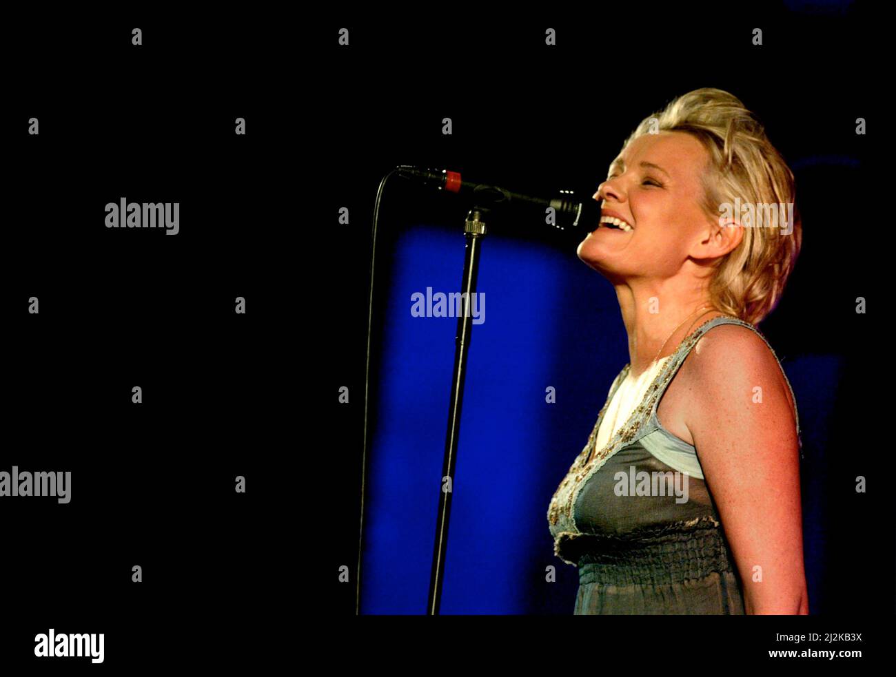 Eva Dahlgren, musician, during a concert. Stock Photo