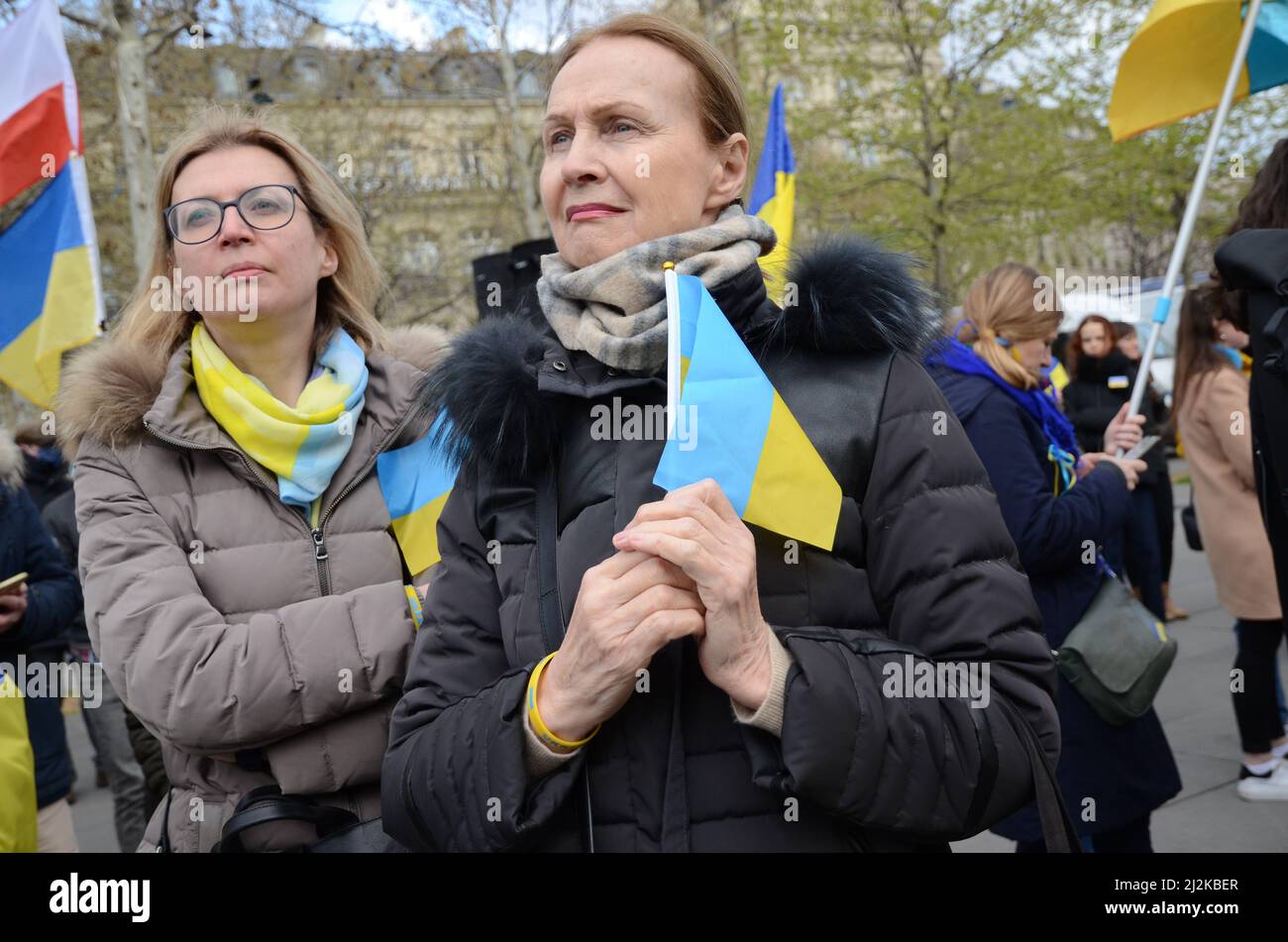 Paris new rally in support of the Ukrainian people with the participation of MEP Raphaël Glucksmann and Dominique Sopo of SOS Racism Stock Photo