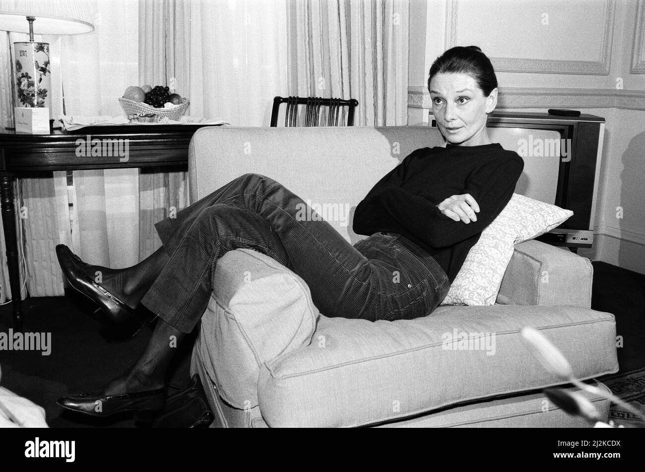 Actress Audrey Hepburn, who is in London for a UNICEF conference. The 57 year old actress is calling for further famine relief for Ethiopia. 28th March 1988. Stock Photo