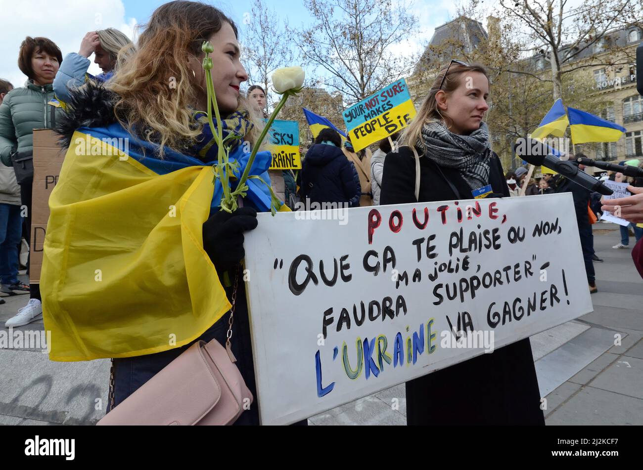 Paris new rally in support of the Ukrainian people with the participation of MEP Raphaël Glucksmann and Dominique Sopo of SOS Racism Stock Photo