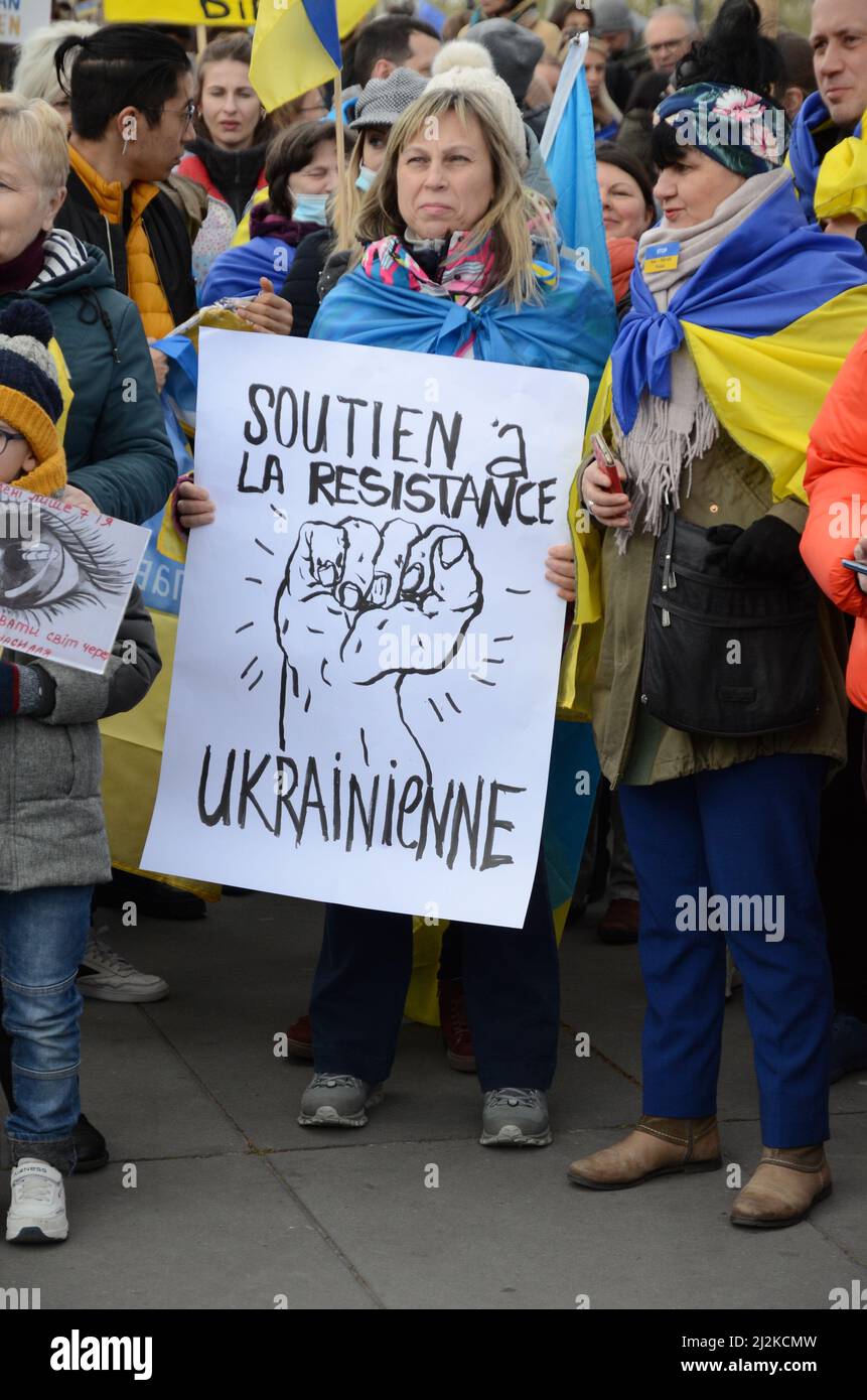 Paris new rally in support of the Ukrainian people with the participation of MEP Raphaël Glucksmann and Dominique Sopo of SOS Racism Stock Photo