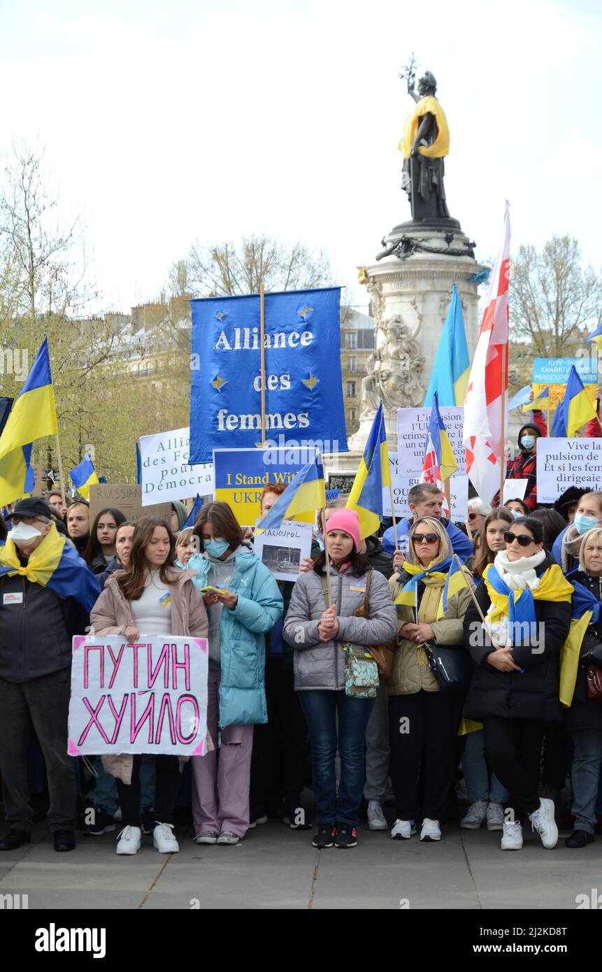 Paris new rally in support of the Ukrainian people with the participation of MEP Raphaël Glucksmann and Dominique Sopo of SOS Racism Stock Photo