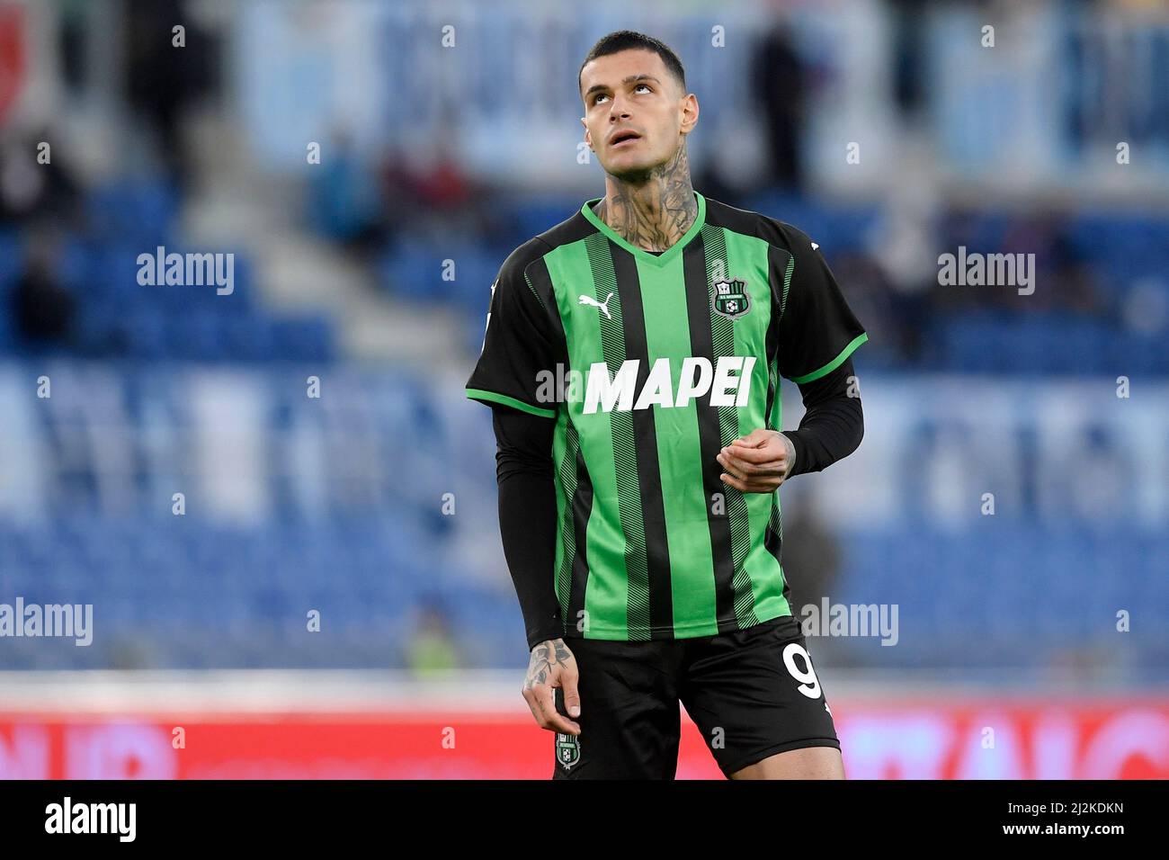 Roma, Italy. 02nd Apr, 2022. Gianluca Scamacca of Sassuolo during the Serie  A football match between SS Lazio and Unione Sportiva Sassuolo Calcio at  Olimpico stadium in Rome (Italy), March 2nd, 2022.