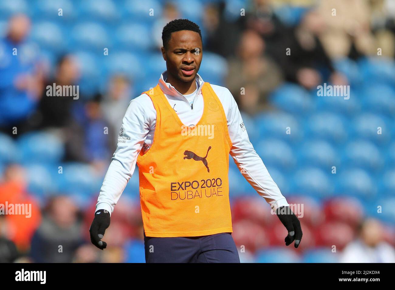 Burnley, UK. 02nd Apr, 2022. Raheem Sterling of Manchester City warms up. Premier League match, Burnley v Manchester City at Turf Moor in Burnley, Lancs on Saturday 2nd April 2022. this image may only be used for Editorial purposes. Editorial use only, license required for commercial use. No use in betting, games or a single club/league/player publications. pic by Chris Stading/Andrew Orchard sports photography/Alamy Live news Credit: Andrew Orchard sports photography/Alamy Live News Stock Photo