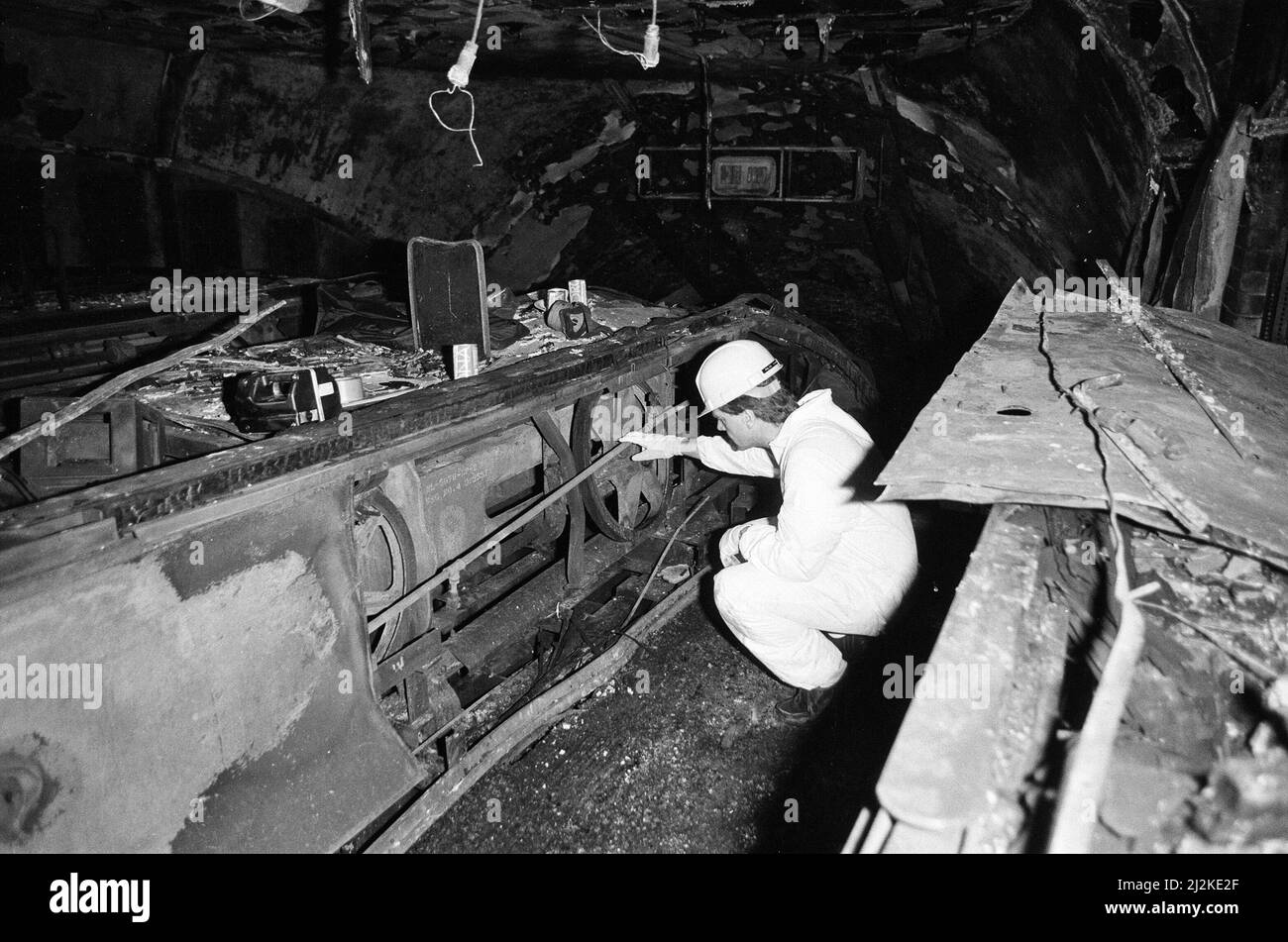 Aftermath of the fatal fire at King's Cross St Pancras tube station. 31 people died in the tragedy, which was most probably by a lit match being dropped onto the escalator.  20th November 1987. Stock Photo