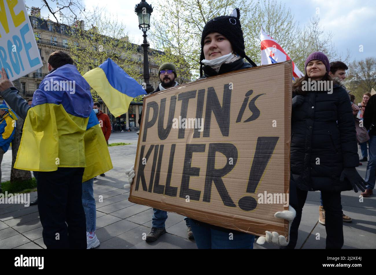 Paris new rally in support of the Ukrainian people with the participation of MEP Raphaël Glucksmann and Dominique Sopo of SOS Racism Stock Photo