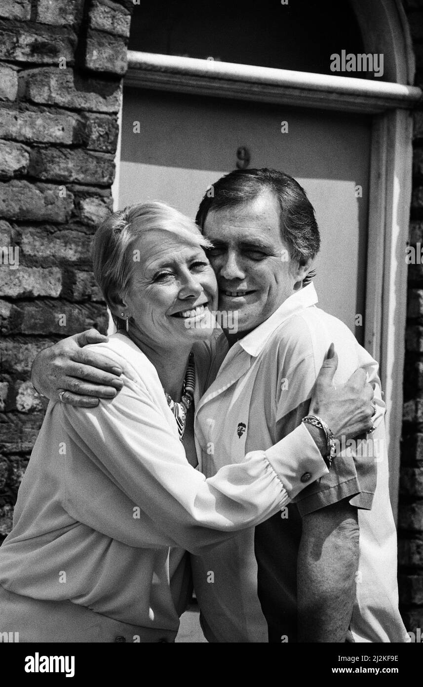 Actor Bill Tarmey (Jack Duckworth) is welcomed back to Granada TV's 'Coronation Street' by his ever loving screen wife Liz Dawn (Vera Duckworth). Bill has been absent from the soap for some months having undergone major heart surgery. 6th July 1987. Stock Photo