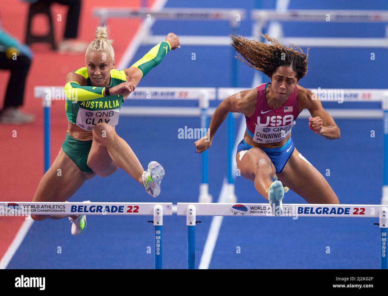 Liz Clay and Gabriele Cunningham competing in the women’s 60m hurdles