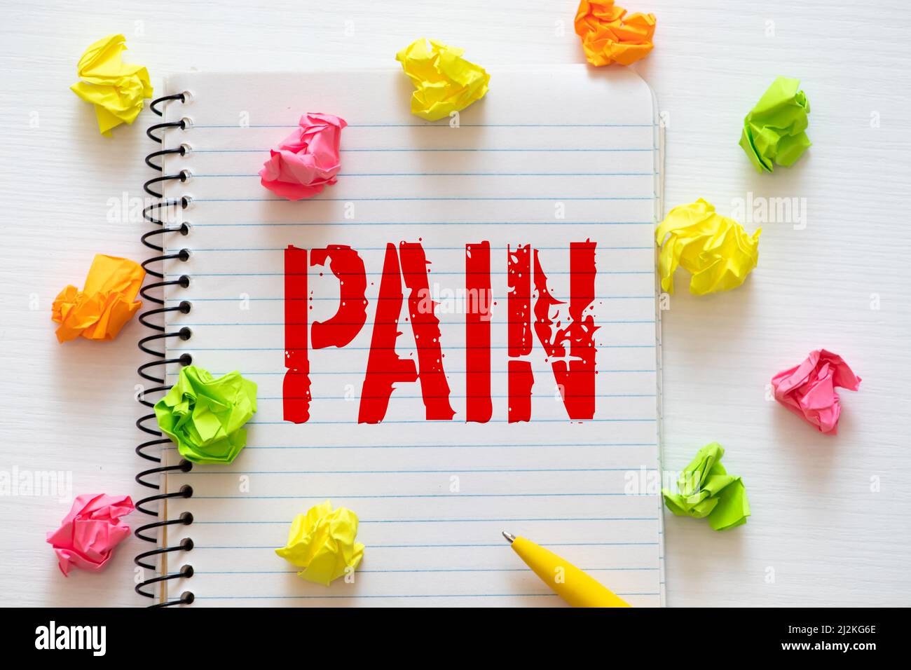 PAIN. text on white paper on blue background Medical concept Stock ...