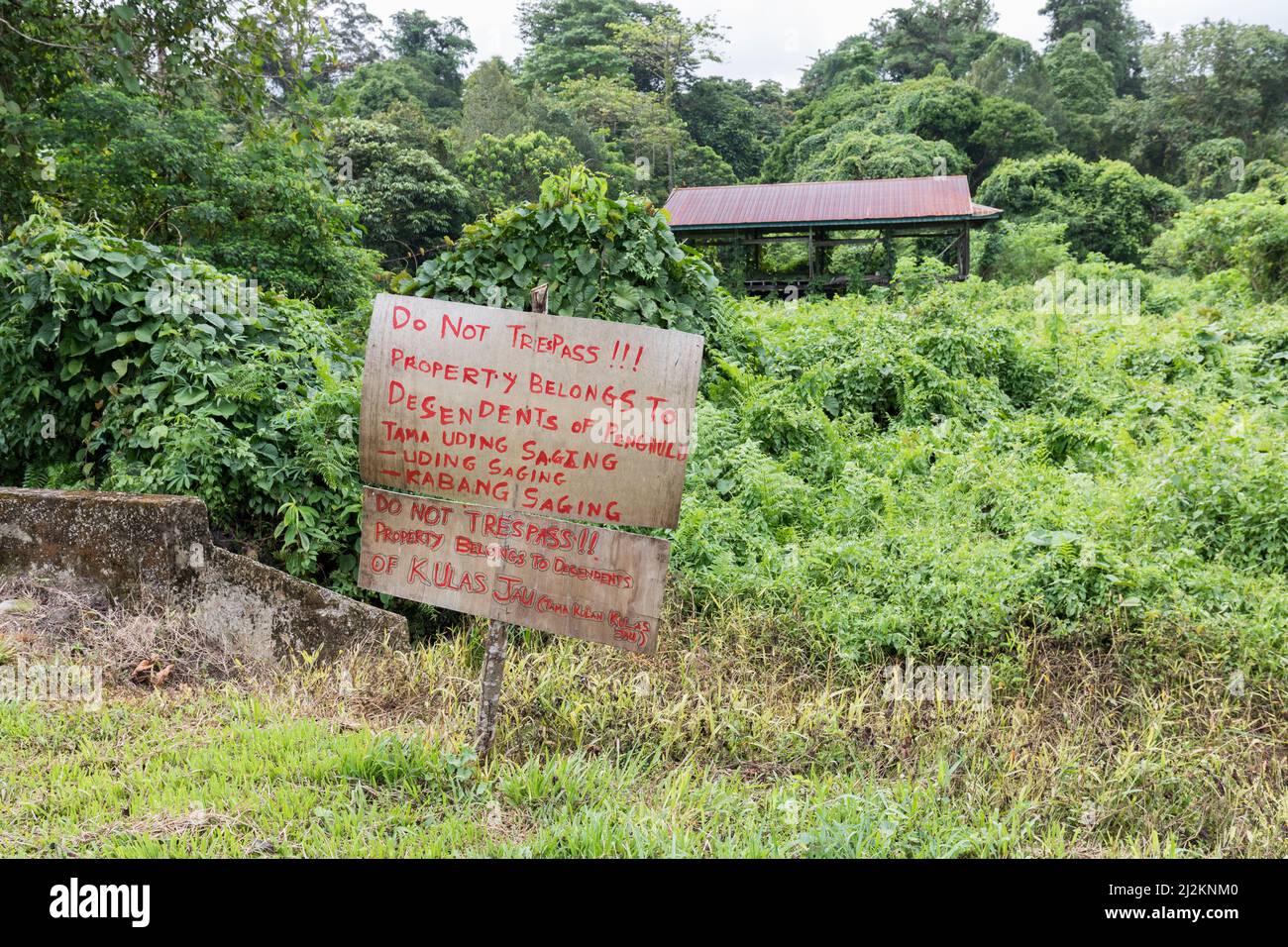 No trespass sign on land outside Mulu National Park, Malaysia Stock Photo