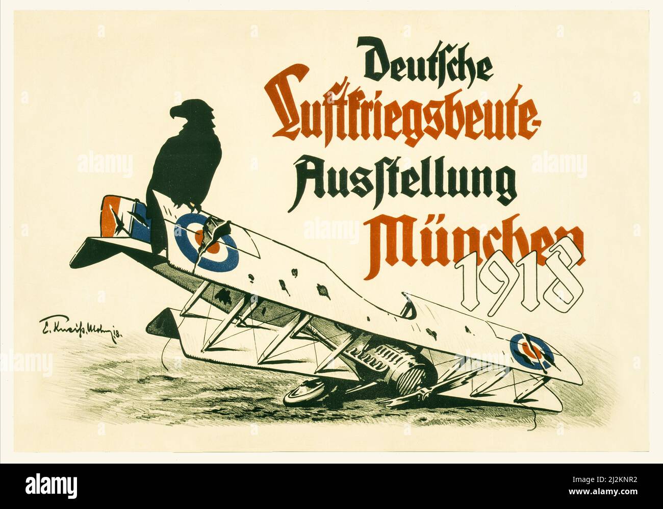 An early 20th century German advertising poster from World War One, 1914-1918, showing a black eagle sitting on the wing of a downed British biplane. Text announces an exhibition in Munich of the spoils of the air war. Artist Unknown Stock Photo