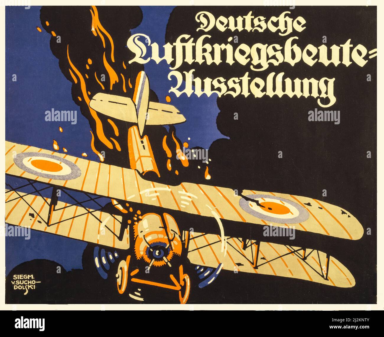 An early 20th century German advertising poster from World War One, 1914-1918, showing a burning British biplane plunging toward the ground. Artist Unknown Stock Photo