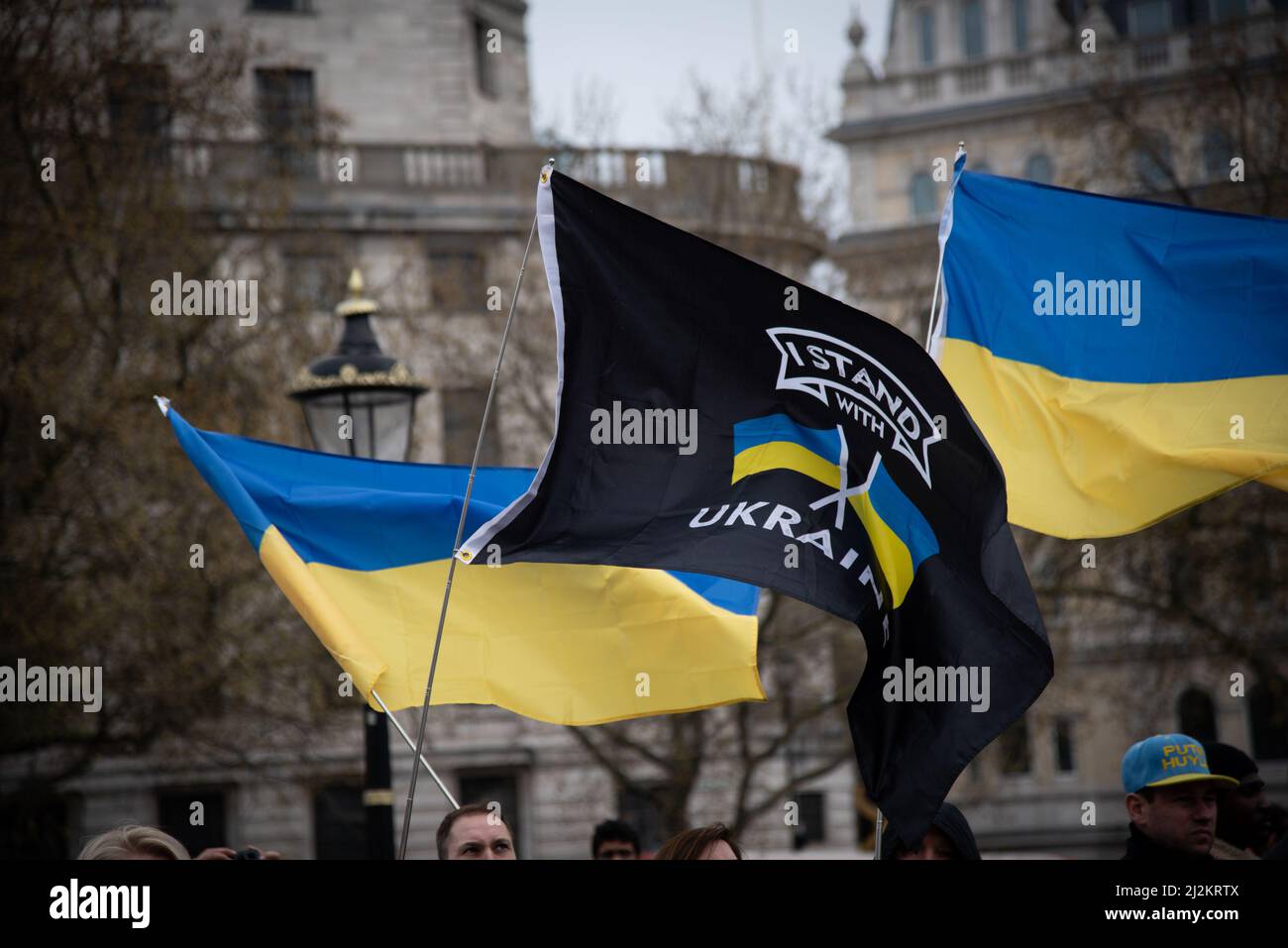 London, UK. 02nd Apr, 2022. Ukrainian flags seen during the Protest at Trafalgar Square. Protests continued in London's Trafalgar Square in solidarity with the people of Ukraine, as war continues to rage due to the Russian invasion. Credit: SOPA Images Limited/Alamy Live News Stock Photo