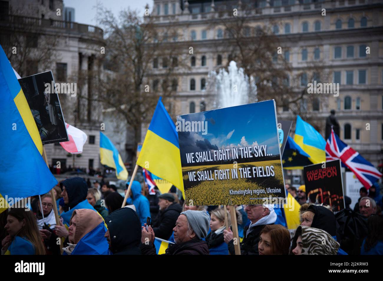 London, UK. 02nd Apr, 2022. Ukrainian flags seen during the Protest at Trafalgar Square. Protests continued in London's Trafalgar Square in solidarity with the people of Ukraine, as war continues to rage due to the Russian invasion. Credit: SOPA Images Limited/Alamy Live News Stock Photo