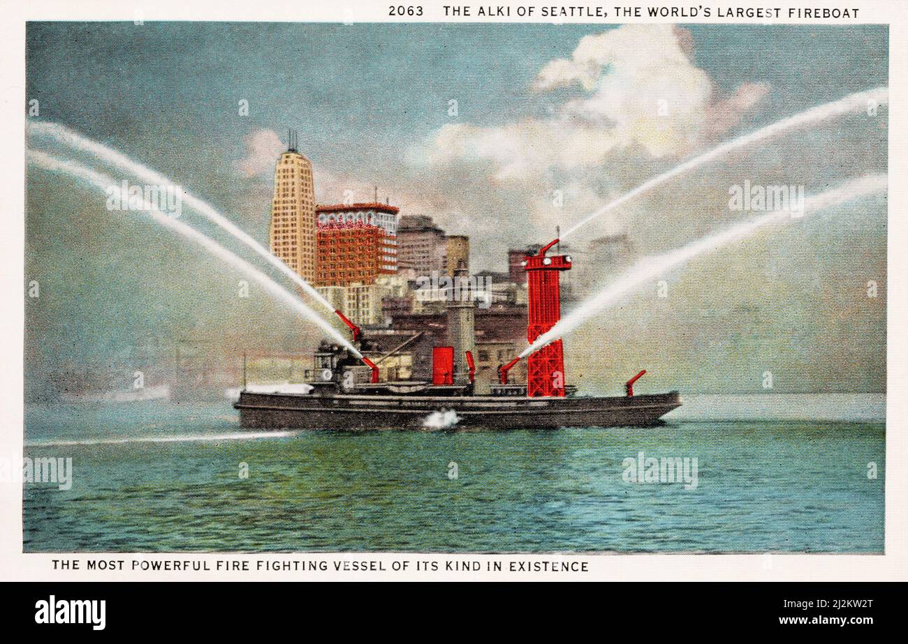 The Alki, world's largest fireboat, Seattle WA, approx 1930's postcard. unknown photographer Stock Photo