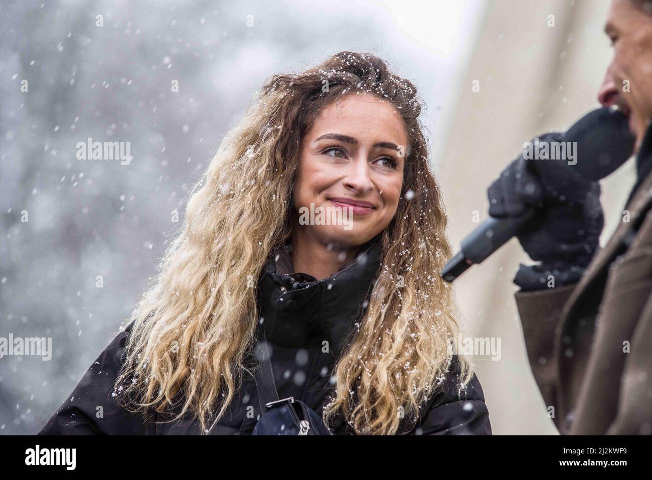 Munich, Bavaria, Germany. 2nd Apr, 2022. SAMIRA YOUHA, a former pathology prepraration assistant at the LMU Pathology Institute who was fired for producing a video from within the facility. Youha appears to already have been on track prior to the firing to launch a conspiratorial-resistance initiative against the state which has also floundered. Despite sweeping relaxations in the anti-Corona regulations, including elimination of most rules and still no vaccination requirement, the Corona rebels of Munich, Germany organized a large protest primarily against vaccines and vaccine mandates that Stock Photo