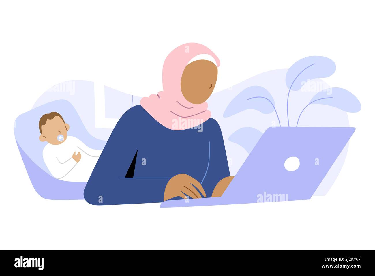 Freelancer mother working from home office, young muslim woman sitting at her desk using laptop while her baby sleeps, remote job, freelancing mom Stock Vector