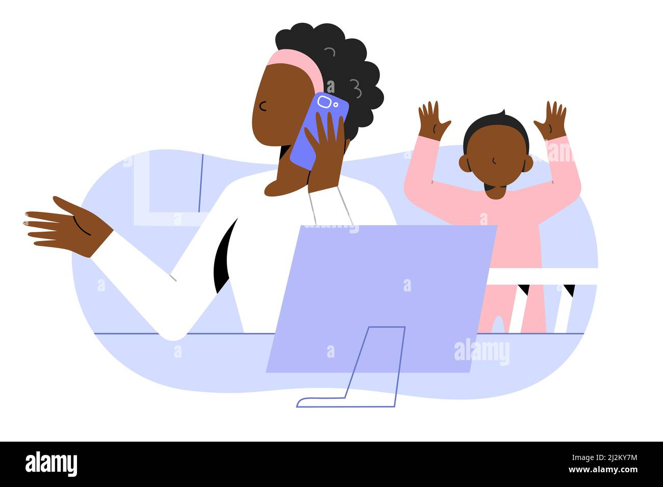 Freelancer woman working at home with her toddler child, freelancing african american woman sitting at her desk talking on the phone, using laptop Stock Vector