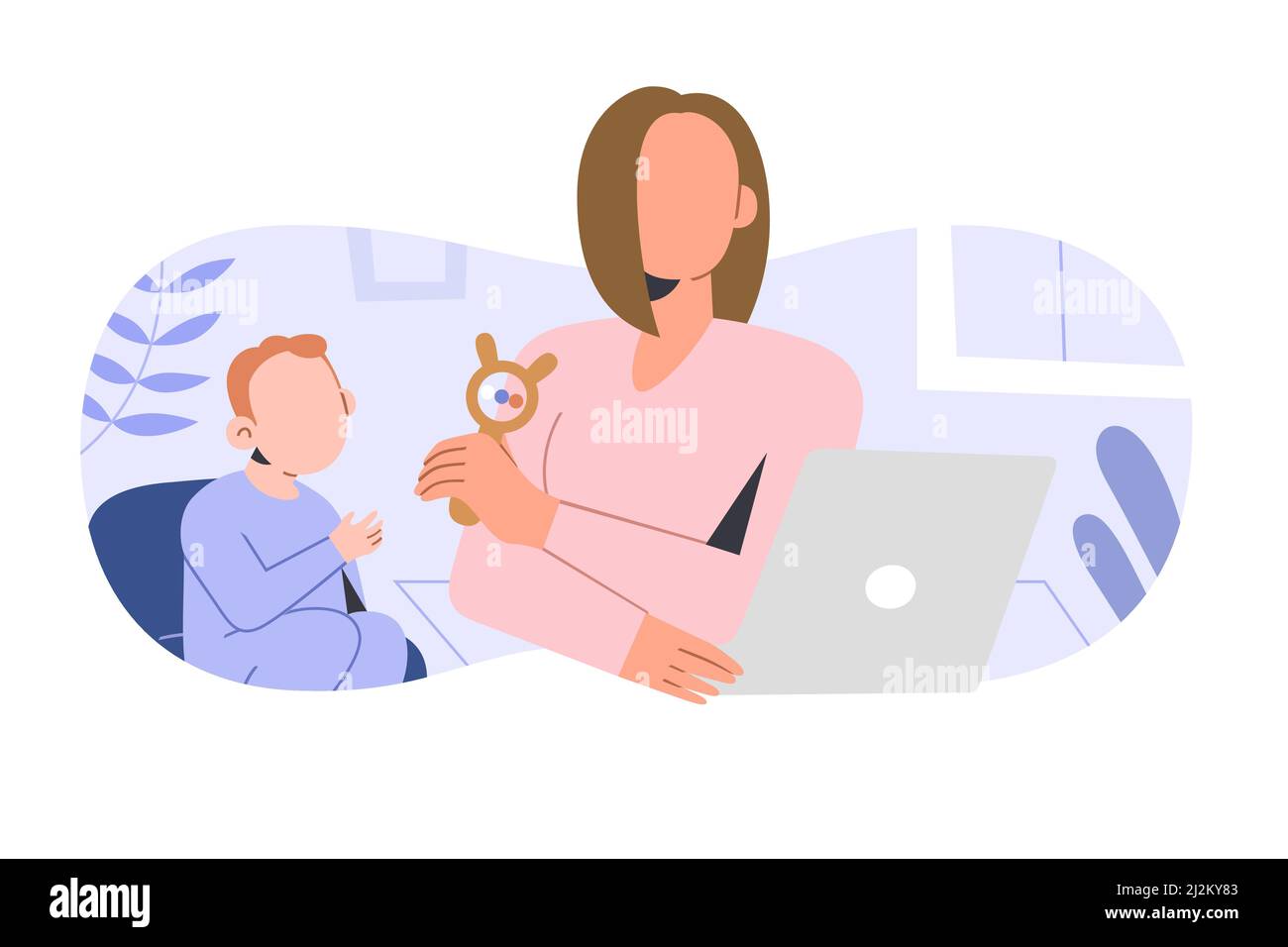 Mother freelancer trying to work at home with infant child distracting her, sitting at desk with laptop, multitasking maternity and career concept Stock Vector