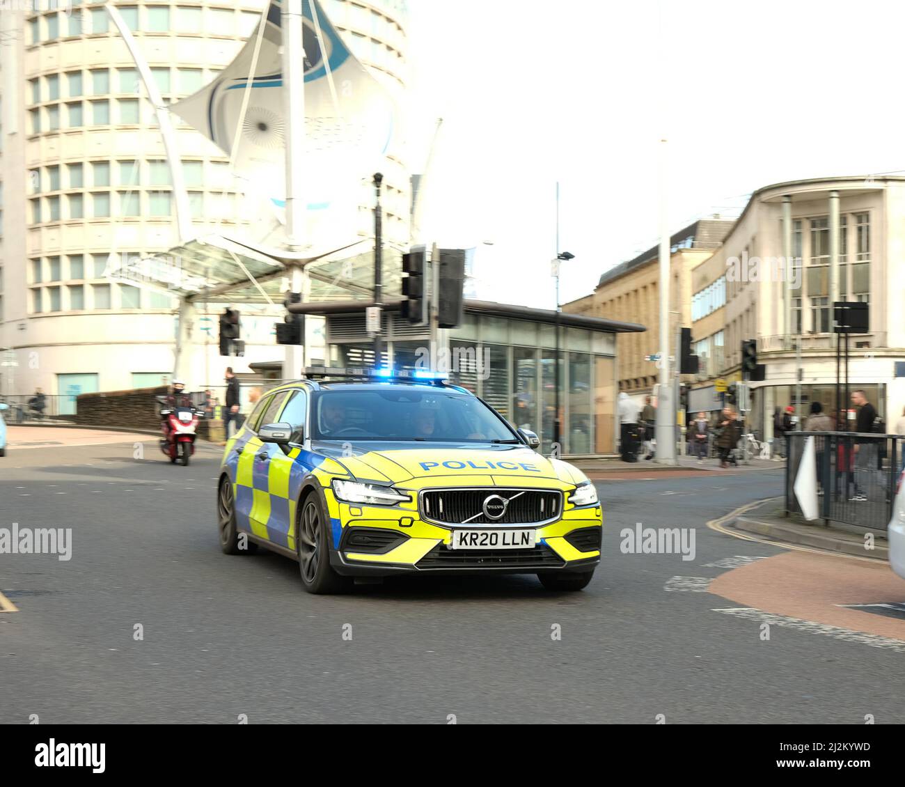 February 2022 Bristol Police in a Volvo patrol car on a blue light