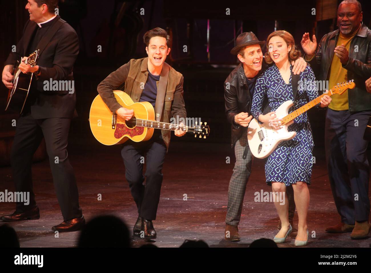 4/2/22 Paper Mill Playhouse, Millburn, NJ Joey McIntyre of New Kids on the Block,  Mike Wartella, Christy Altomare (who plays DionÕs wife) during the world premiere of The Wanderer, the new Broadway bound musical based on the life and music of Rock and Roll Hall of Famer Dion DiMucci Photo by  John  Barrett/PHOTOlink Stock Photo