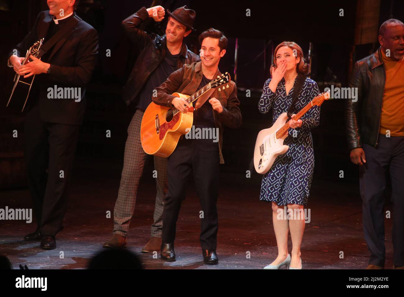 4/2/22 Paper Mill Playhouse, Millburn, NJ Joey McIntyre of New Kids on the Block,  Mike Wartella, Christy Altomare (who plays DionÕs wife) during the world premiere of The Wanderer, the new Broadway bound musical based on the life and music of Rock and Roll Hall of Famer Dion DiMucci Photo by  John  Barrett/PHOTOlink Stock Photo
