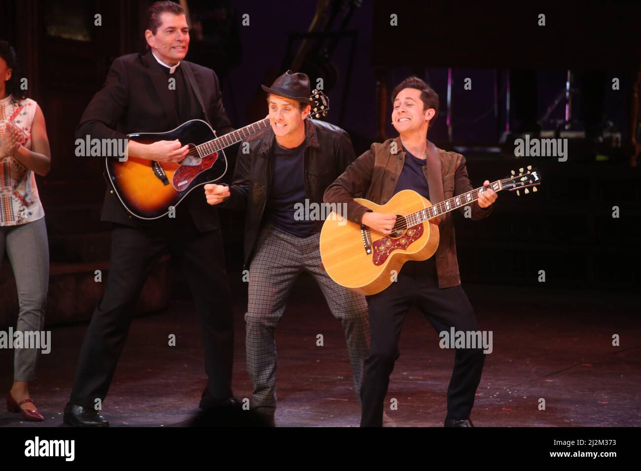 4/2/22 Paper Mill Playhouse, Millburn, NJ Joey McIntyre of New Kids on the Block, Mike Wartella, Christy Altomare (who plays DionÕs wife) during the world premiere of The Wanderer, the new Broadway bound musical based on the life and music of Rock and Roll Hall of Famer Dion DiMucci Photo by John Barrett/PHOTOlink Photo via Credit: Newscom/Alamy Live News Stock Photo