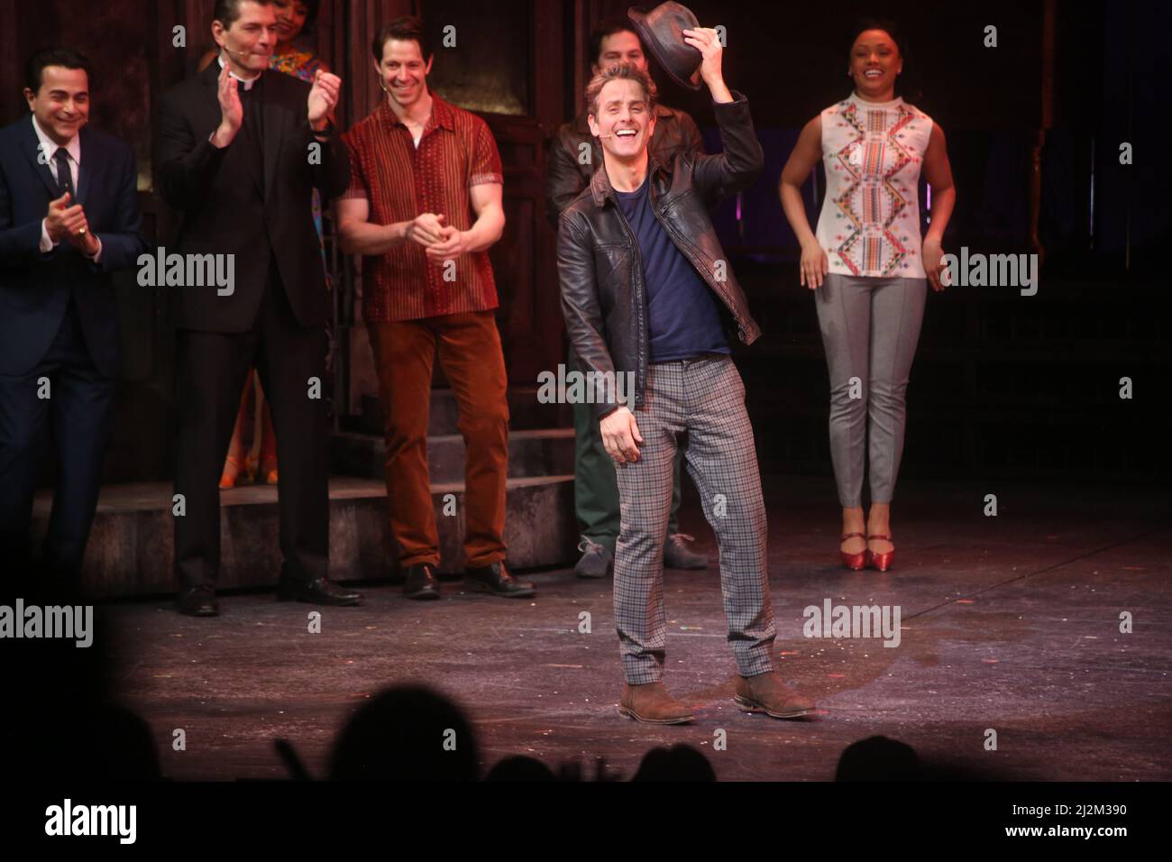 4/2/22 Paper Mill Playhouse, Millburn, NJ Joey McIntyre of New Kids on the Block, Mike Wartella, Christy Altomare (who plays DionÕs wife) during the world premiere of The Wanderer, the new Broadway bound musical based on the life and music of Rock and Roll Hall of Famer Dion DiMucci Photo by John Barrett/PHOTOlink Photo via Credit: Newscom/Alamy Live News Stock Photo
