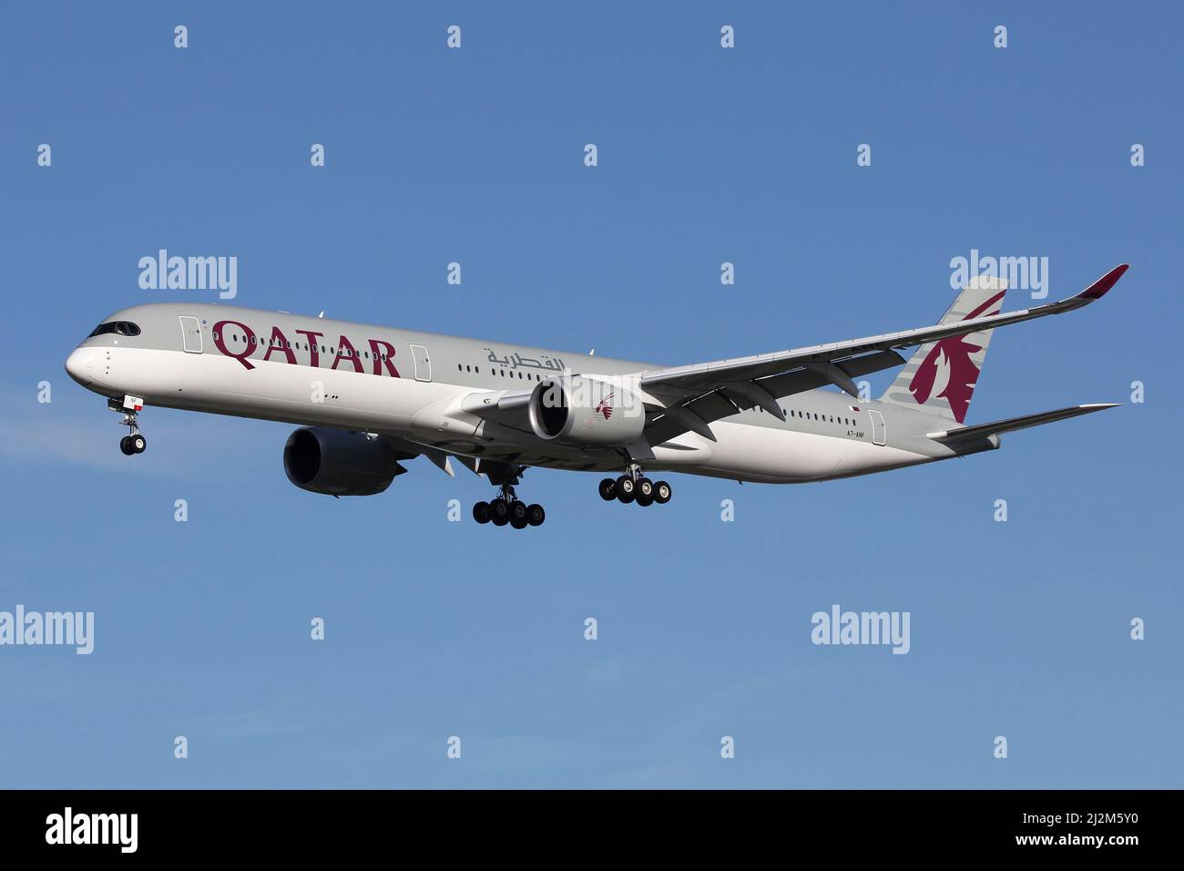 Qatar Airways Airbus A350-1000. Qatar Airways and Airbus remain in a legal dispute relating to issues with lightning protection and paint degradation Stock Photo