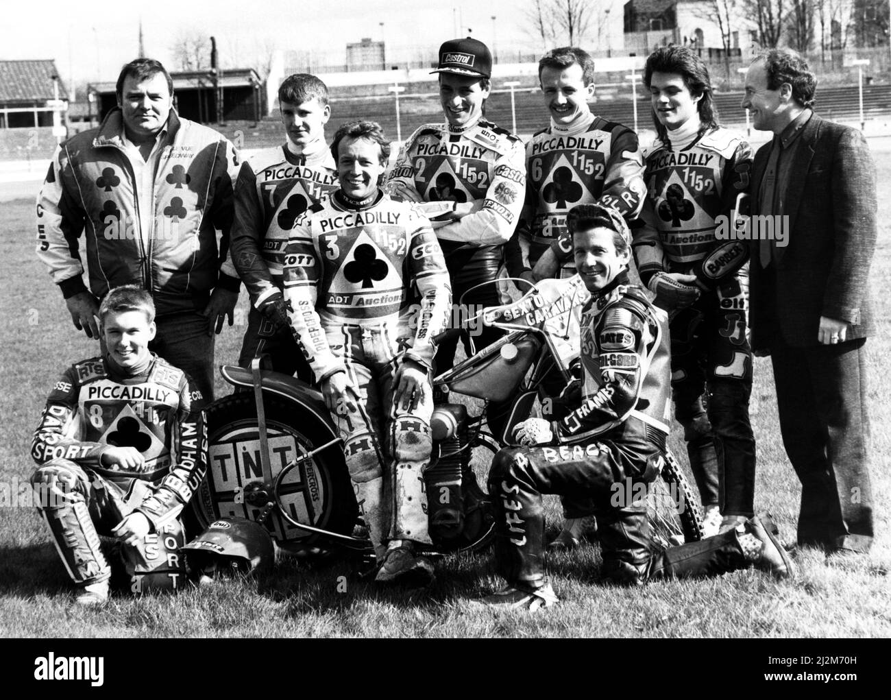 The Belle Vue Aces team, (back row, left to right) John Perrin (team manager), Joe Screen, Peter Ravn, Gordon Whitaker, Paul Smith, Peter Collins (promoter). Front: Carl Stonehewer, Chris Morton (captain), Kelly Moran. 23rd March 1989. Stock Photo