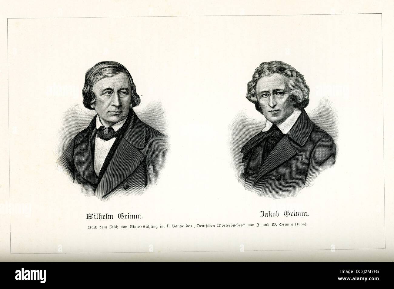 The English translation of the German caption reads: “Wilhelm Grimm Jakob Grimm after the engraving by Biow-Suchling in the first volume of the German dictionary by J and W Grimm 1854.” In 1812, the Grimm brothers, Jacob and Wilhelm, published Children and Household Tales, a collection German fairy tales. Stock Photo