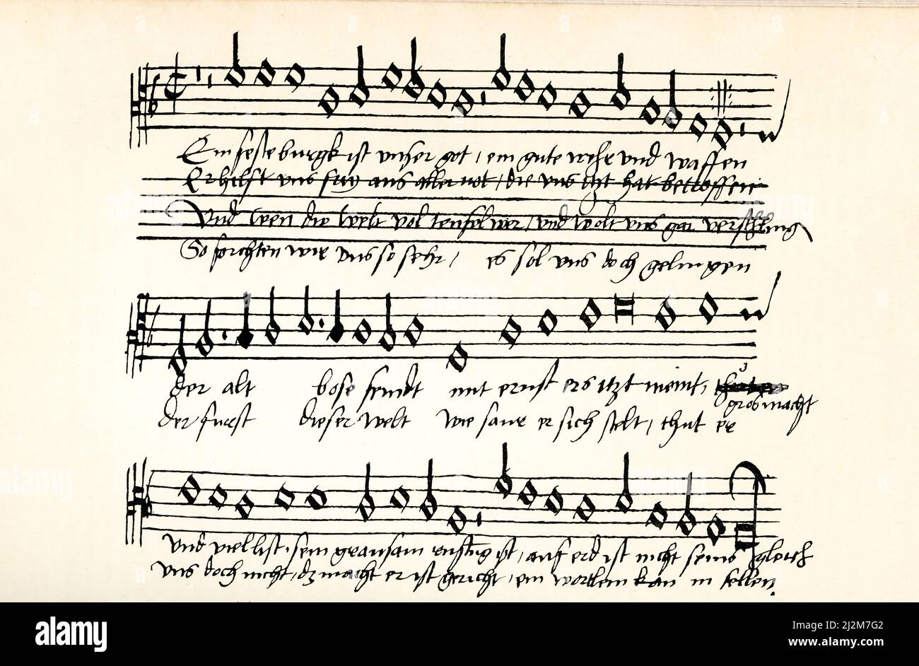 The 1899 German caption reads: “Martin Luther’s song ‘Ein Feste Burg ist unter Gott’ [‘A Mighty Fortress is our God’] with the composition by Johann Walter. From the reformist’s handwritten Song Book from the year 1530, redone in Otto Kade, ‘The newly discovered Luther’s Codex from the year 1530,’ Dresden 1871.” Luther wrote the words and composed the melody sometime between 1527 and 1529. Stock Photo
