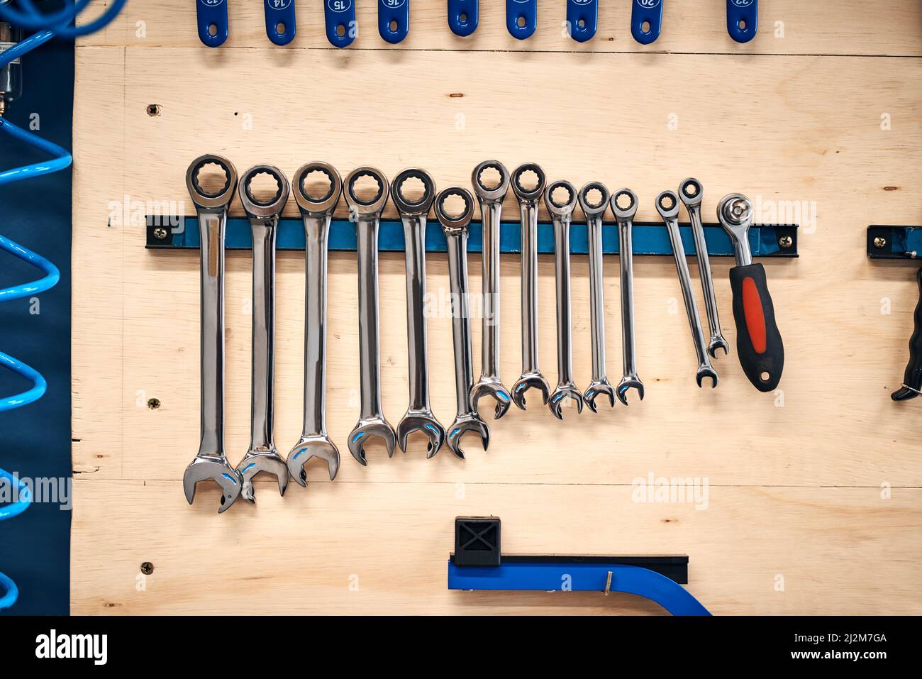 Just waiting to get fixing. Shot of tools in a workshop. Stock Photo