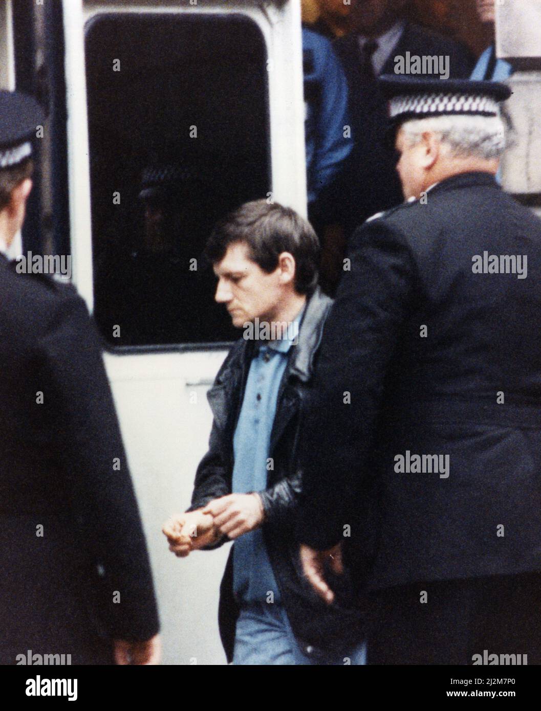 Fire at maisonette in West Granton Crescent, Edinburgh (20th May 1991) killed grandmother May McGregor and her grandchildren, Karen, five, and Kirsty Lawrie, four. Our picture shows ... accused Derek Montgomery leaves murder trial, High Court, Edinburgh, 24th October 1991.  Tragically, the two little girls should not have been at their granny's that night at all. But their mother, Mrs Beryl Lawrie, an auxiliary nurse, had agreed to work an extra shift because of staff shortages at an old people's home.  Alex Birrell was jailed for life with a recommendation that he serve at least 15 years for Stock Photo