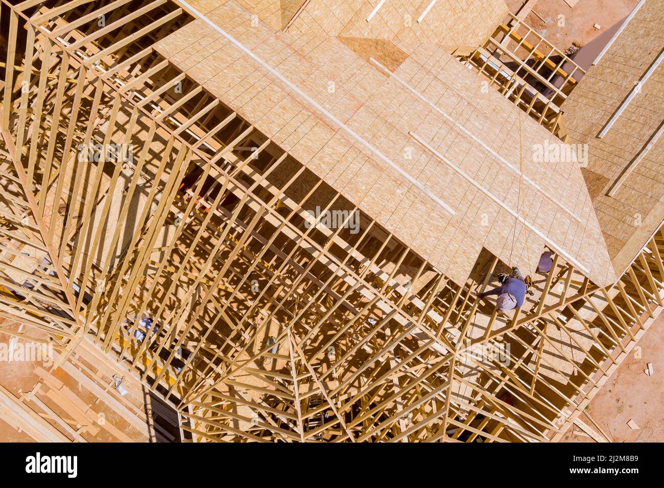 New home under construction with roof beam the plywood in top view