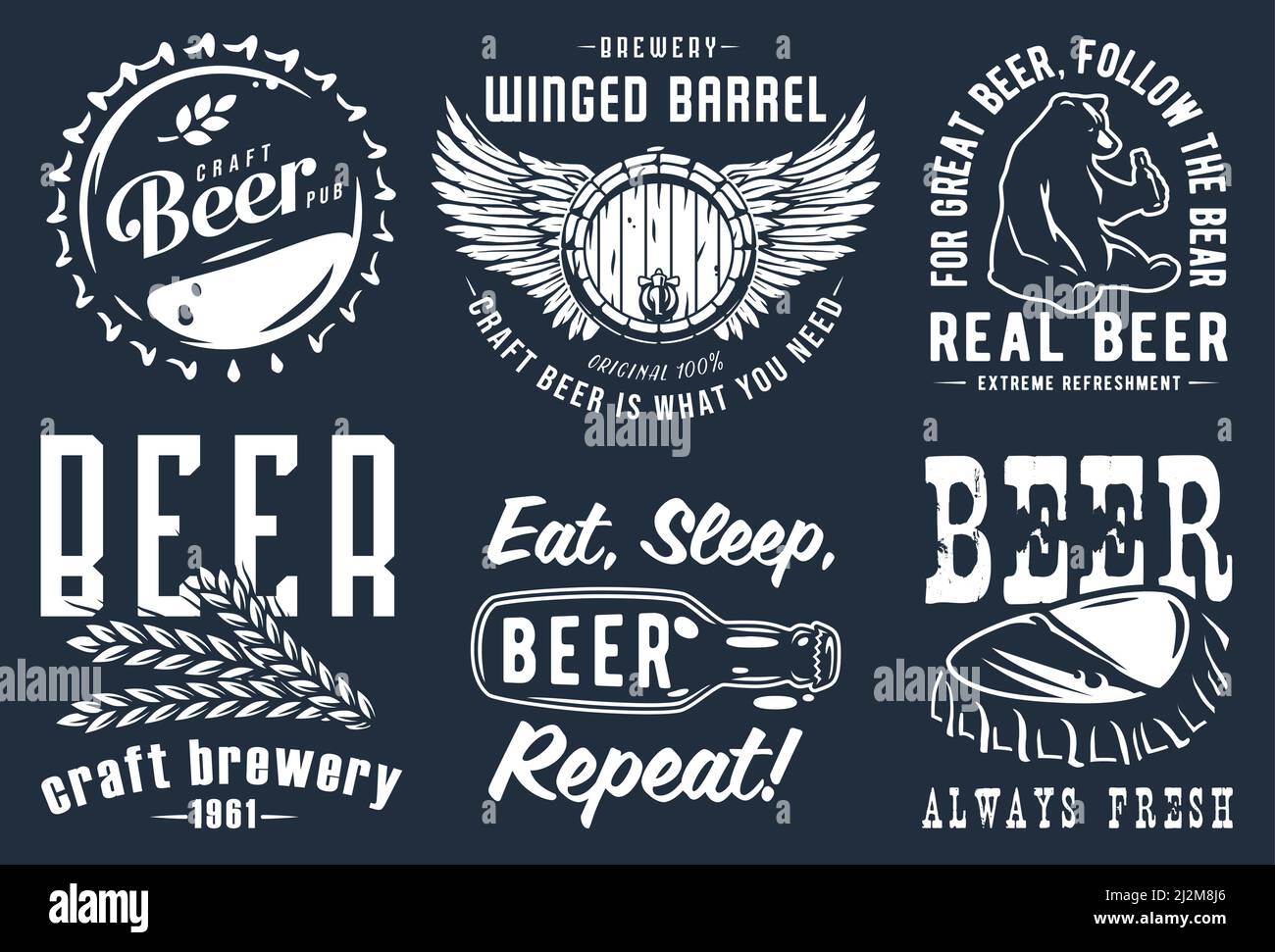 Craft beer brewery emblem set with cork and barrel, barley and bear