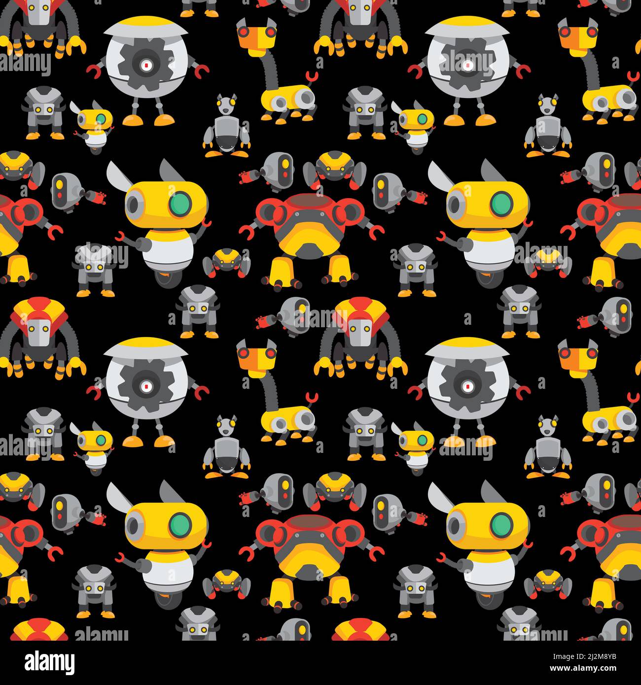 Robot repeat pattern black background for robotics fans with cool little machines. Stock Photo