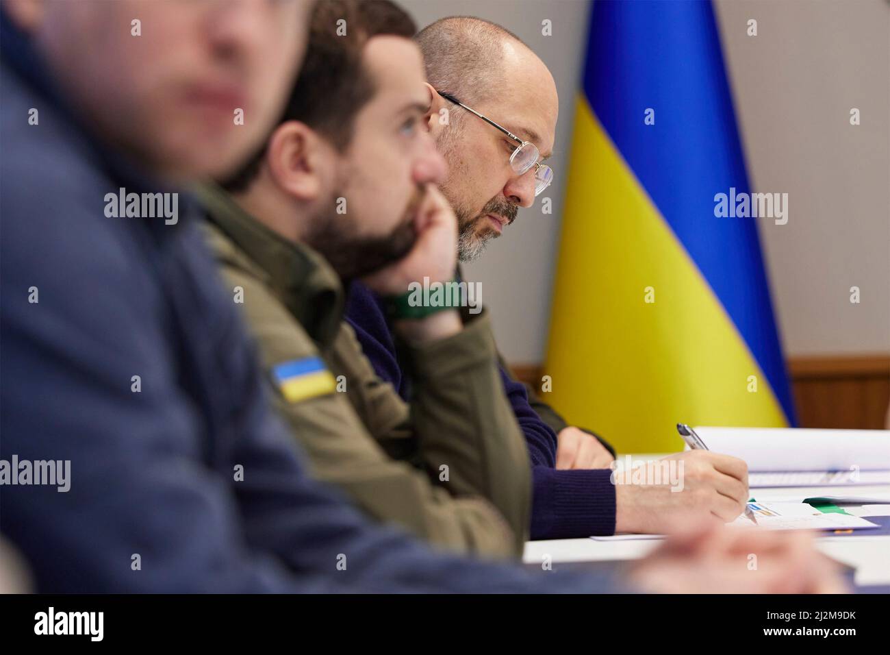 Kyiv, Ukraine. 02nd Apr, 2022. Ukrainian Prime Minister Denys Shmyhal during a meeting chaired by President Volodymyr Zelenskyy on the Russian invasion effects on the economy at a secure location, April 2, 2022 in Kyiv, Ukraine. Credit: Ukraine Presidency/Ukraine Presidency/Alamy Live News Stock Photo