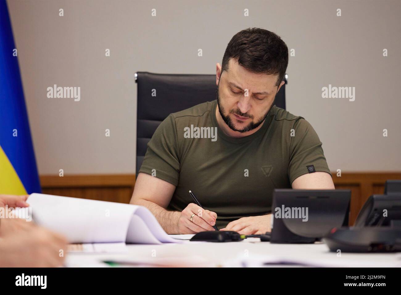 Kyiv, Ukraine. 02nd Apr, 2022. Ukrainian President Volodymyr Zelenskyy holds a meeting on the Russian invasion effects on the economy of his nation at a secure location, April 2, 2022 in Kyiv, Ukraine. Credit: Ukraine Presidency/Ukraine Presidency/Alamy Live News Stock Photo