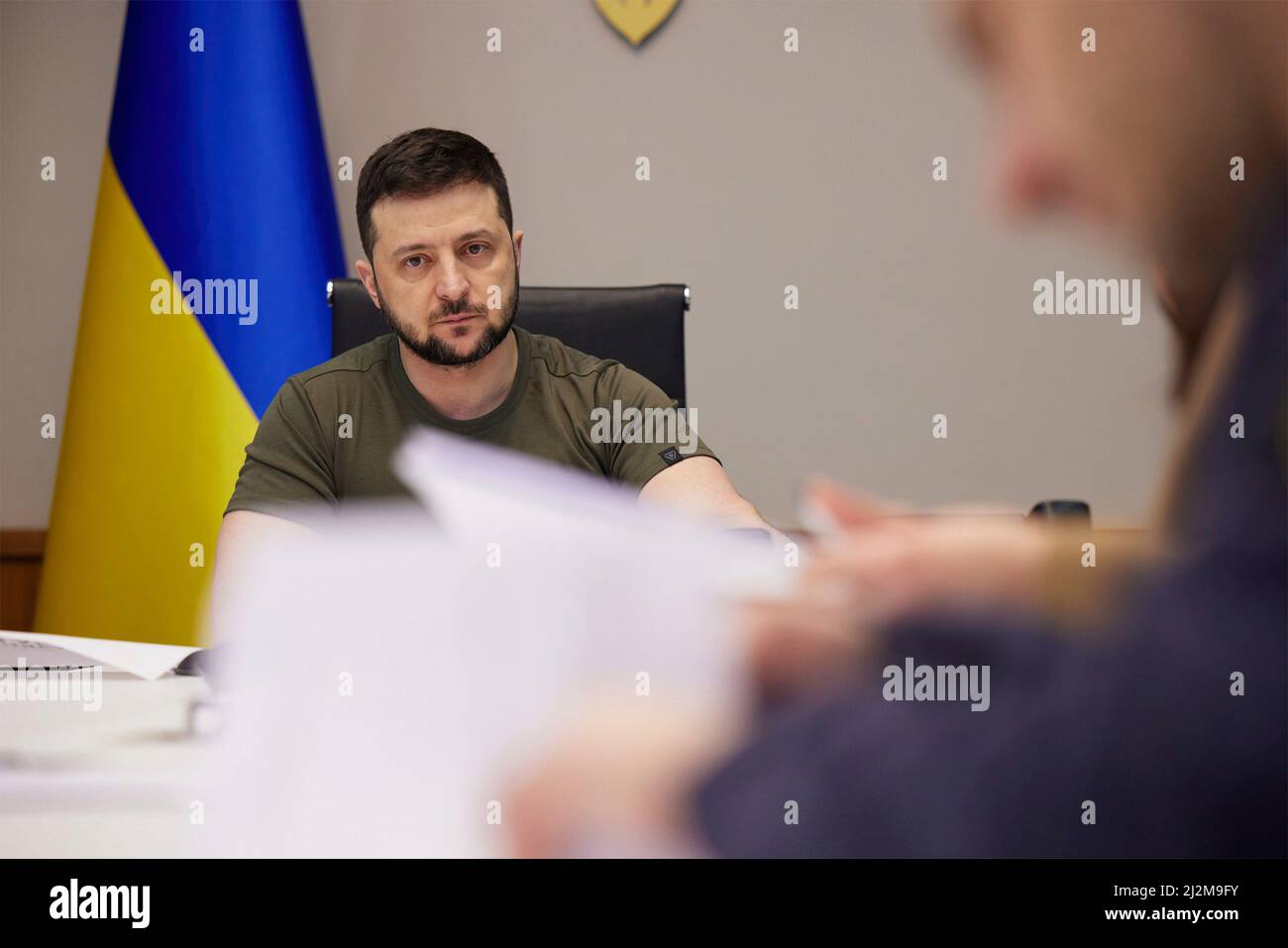 Kyiv, Ukraine. 02nd Apr, 2022. Ukrainian President Volodymyr Zelenskyy holds a meeting on the economy effects of the Russian invasion and rebuilding infrastructure, April 2, 2022 in Kyiv, Ukraine. Credit: Ukraine Presidency/Ukraine Presidency/Alamy Live News Stock Photo